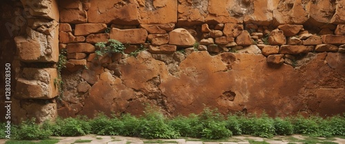 Textured rustic stone wall with green plants and grass in a natural setting. Old weathered surface with organic details and earthy tones.