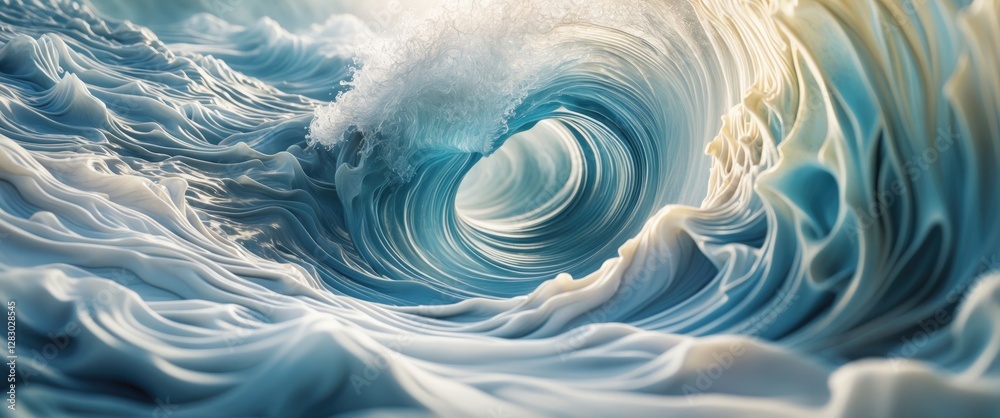 Dynamic ocean wave with intricate patterns and textures in shades of blue and cream, capturing the movement and turbulence of water.