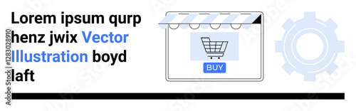 Shopping cart on e-commerce store interface with a striped awning and buy button, accompanied by a gear icon. Ideal for online shopping, digital retail, e-commerce, user interfaces, marketing, mobile