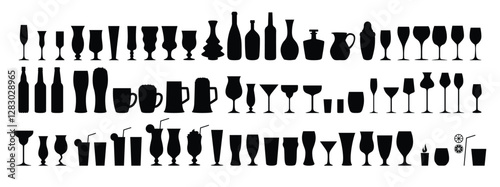 Silhouettes various alcohol cocktail glasses bar set. Black Isolated Glasses of wine, glasses of beer, bar bottles and shot glasses