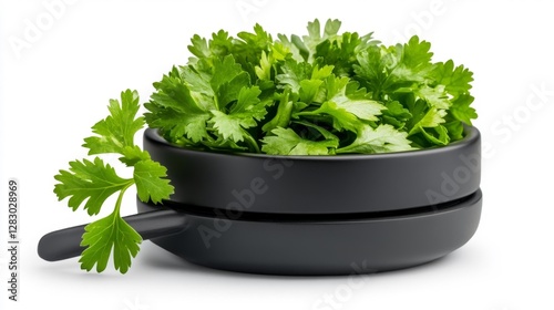 Fresh cilantro leaves in a black bowl isolated on a white background. Generative AI photo