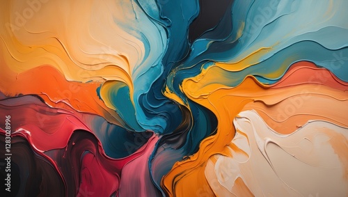 Colorful abstract swirl of paint in shades of blue, orange, red and yellow creating a dynamic and vibrant visual texture. photo