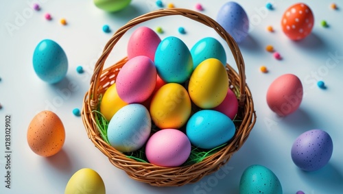 Colorful Easter eggs in a woven basket surrounded by scattered pastel candies on a smooth white surface.
