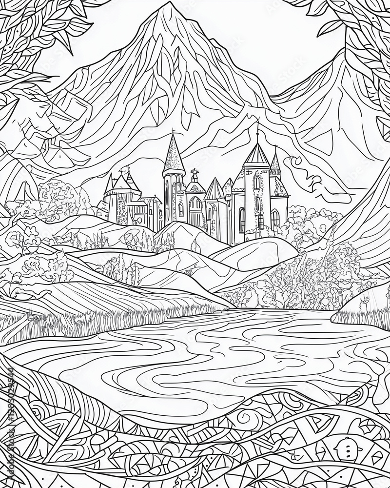 Naklejka premium Black and white clean coloring page for adults, Ireland background. Colouring book page, black outline , white background, white segments to color 