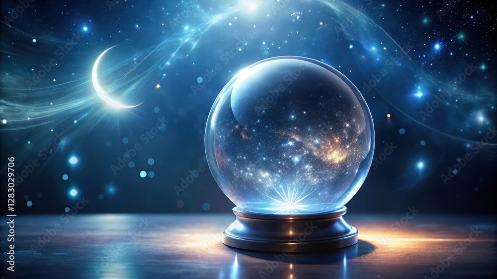 Mystical crystal ball with soft pulsing glow surrounded by a halo of ethereal energy, set against a darkened backdrop of twinkling stars and a crescent moon , glowing crystal ball, mystical energy Mystical crystal ball with soft pulsing glow surrounded by a halo of ethereal energy, set against a darkened backdrop of twinkling stars and a crescent moon , glowing crystal ball, mystical energy