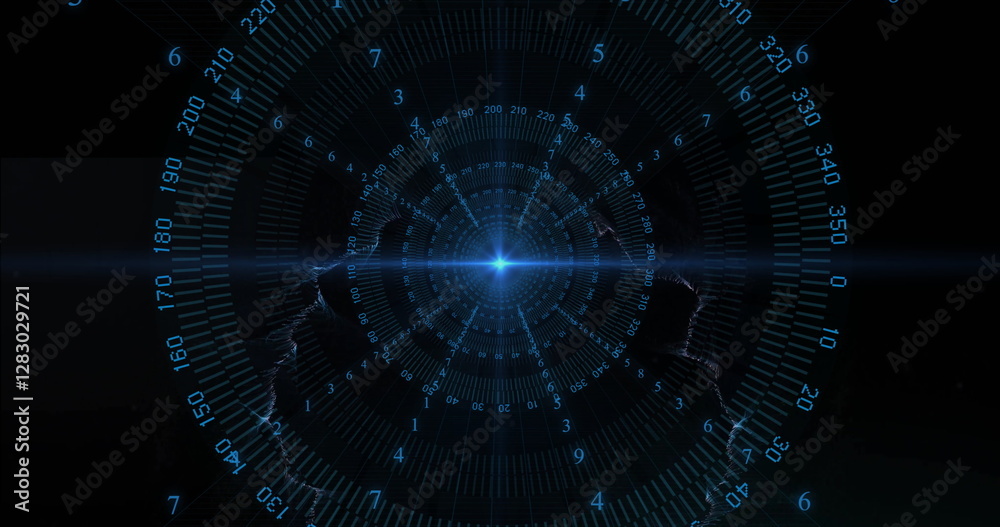 Obraz premium Image of digital data processing over glowing spots on black background