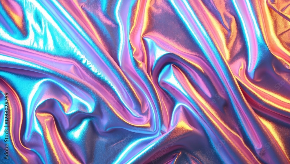 Iridescent fabric texture with vibrant colors of blue, pink, and orange in soft, flowing waves and folds under light. Iridescent fabric texture with vibrant colors of blue, pink, and orange in soft, flowing waves and folds under light.