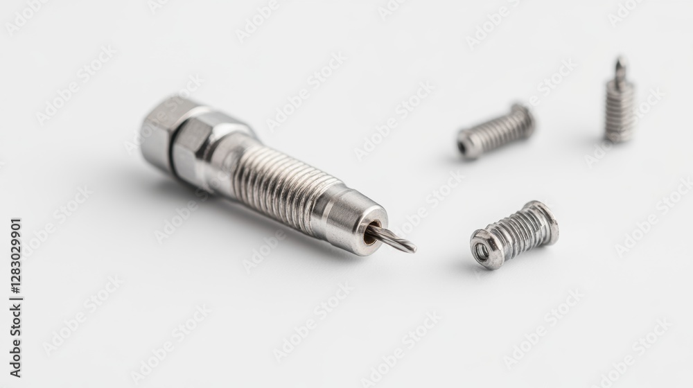 Heavy-duty rivet gun with a collection of aluminum rivets, detailed texture, isolated on white