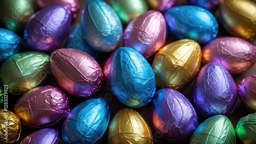 Colorful chocolate eggs wrapped in foil laid out in an overlapping pattern on a dark surface for Easter celebration decorations.