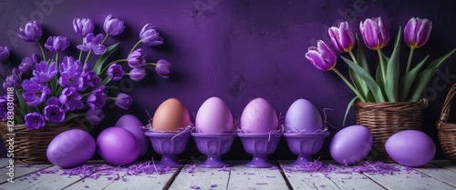 Purple themed Easter arrangement with decorated eggs, tulips and baskets on wooden surface against a dark background.