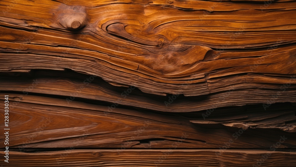 Fototapeta premium Detailed close-up of textured wooden surface with rich brown colors and pronounced grain pattern ideal for backgrounds and natural design elements.