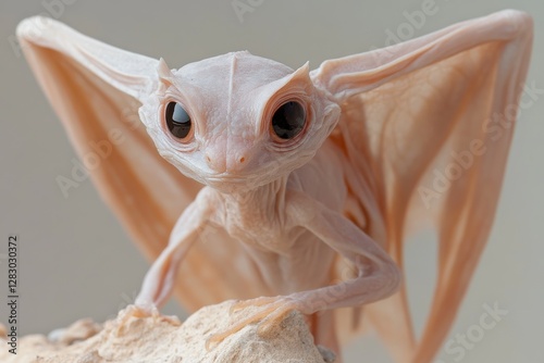 Albino gecko with large, delicate wings perched on a rock, showcasing unique features and captivating gaze.