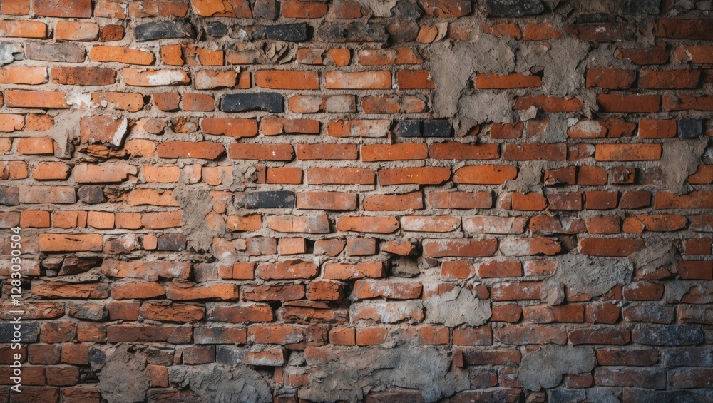 Naklejka premium Old exposed brick wall with uneven surfaces and visible mortar, showcasing a weathered texture and original color variations.