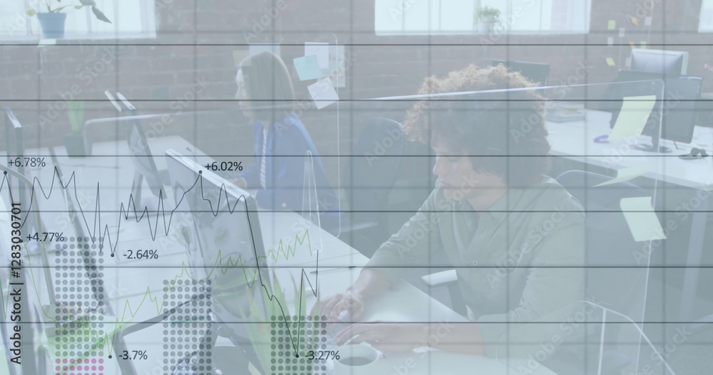 Obraz premium Image of data processing and diagrams over diverse colleagues working in office