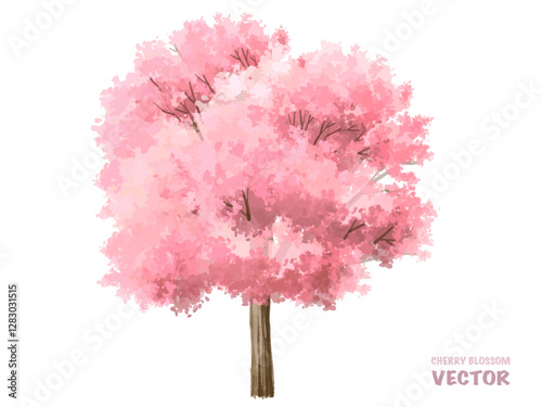  Vector watercolor blooming flower tree or cherry blossom side view isolated on white background for landscape and architecture drawing,elements for environment and garden,Sakura tree for section