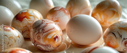 Colorful marbled eggs in various shades arranged on a reflective surface with a soft focus background