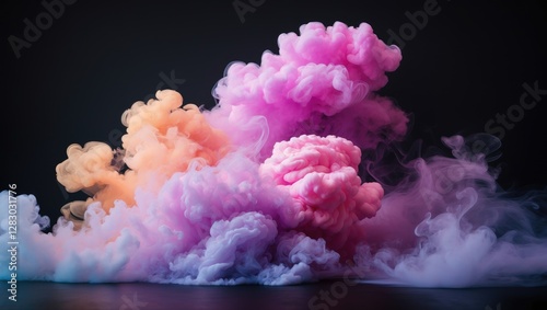 Colorful smoke clouds in shades of pink and orange on a dark background creating a dramatic abstract effect