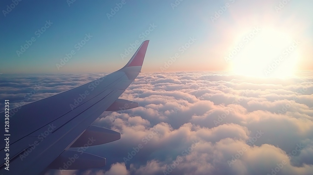 A view from an airplane window capturing its wing, the blue sky, and stunning clouds in a clear atmosphere A view from an airplane window capturing its wing, the blue sky, and stunning clouds in a clear atmosphere