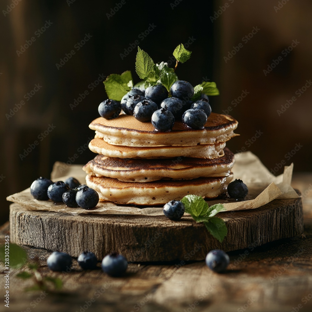 Juicy Blueberry Pancakes Stacked with Fresh Berries and Green Leaves Juicy Blueberry Pancakes Stacked with Fresh Berries and Green Leaves