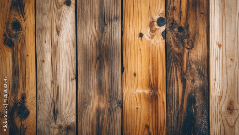 Naklejka premium Wooden planks in varying shades of brown and beige arranged vertically on a rustic surface