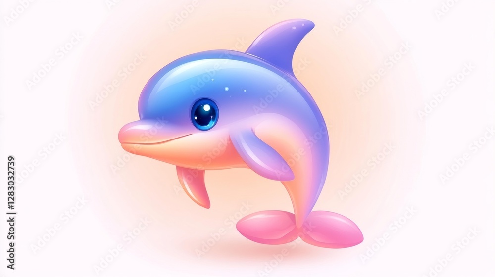 Cute dolphin in pink and purple colors swimming in clear water isolated on a light background. Generative AI Cute dolphin in pink and purple colors swimming in clear water isolated on a light background. Generative AI