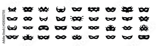 Carnival masks silhouettes icon set. Simple black icons masquerade mask, for party, parad, carnival, Halloween. Mask elements isolated sign, symbol
