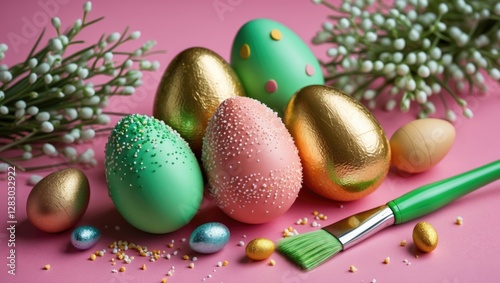 Decoratively painted Easter eggs in various colors with a paintbrush on a pink background surrounded by greenery