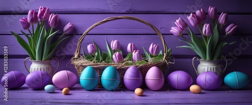 Easter decoration with colorful eggs and purple tulips in baskets on purple wooden background festive spring arrangement
