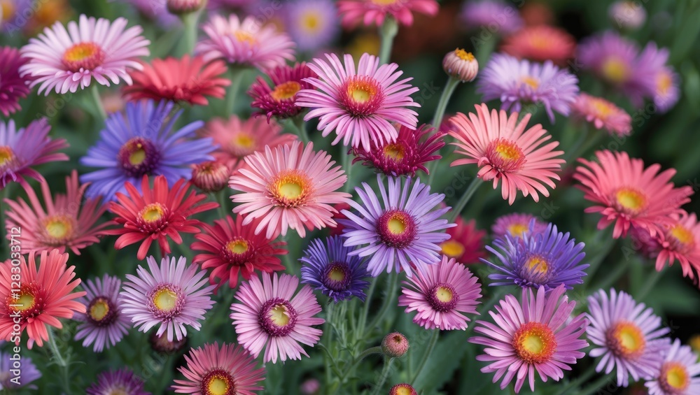 Colorful garden flowers in full bloom with various shades of pink, purple, and blue petals against a green background. Colorful garden flowers in full bloom with various shades of pink, purple, and blue petals against a green background.
