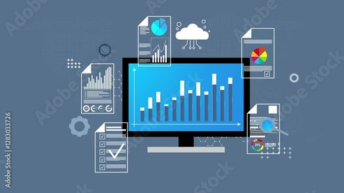 Digital marketing strategy, search bar on monitor, cloud server, business files, advertising analytics