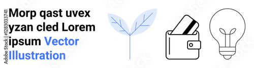 Wallet with credit cards, blue leaf, and light bulb icons alongside placeholder text. Ideal for financial stability, sustainability, creativity, innovation, eco-friendly business, growth strategies