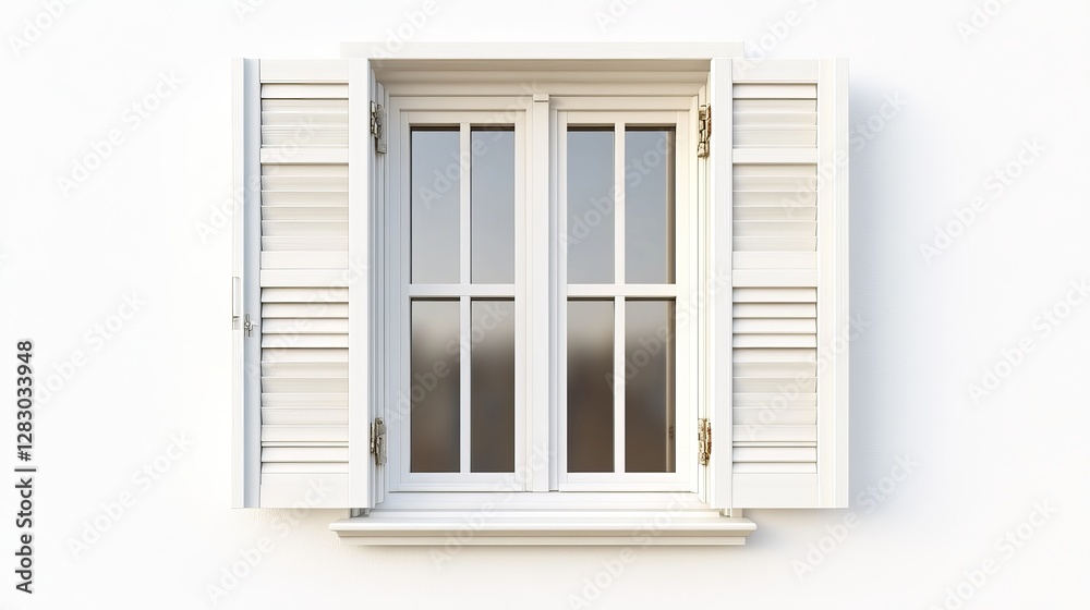 A white wooden shutter window frame, isolated against a white background A white wooden shutter window frame, isolated against a white background