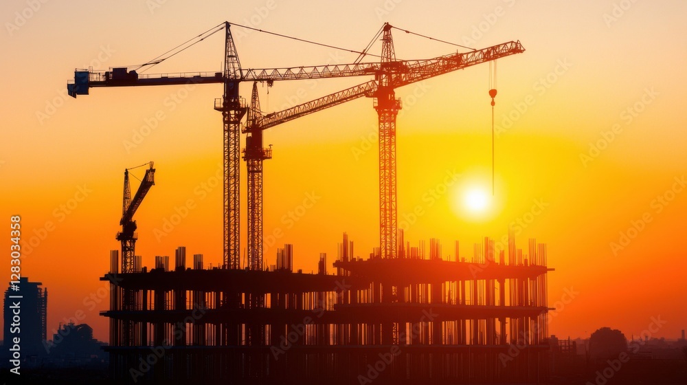 Cranes working the ocean for energy industrial concept. Offshore Floating Energy Station Under Construction During Sunset Silhouetted Against Skyline