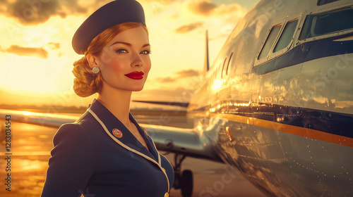 A stylish 1950s flight attendant poses beside a vintage plane, illuminated by sunset hues