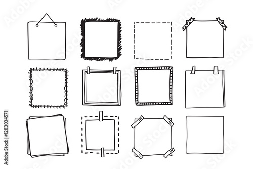 Handdrawn set of square scribbles frame. Doodle line empty frames