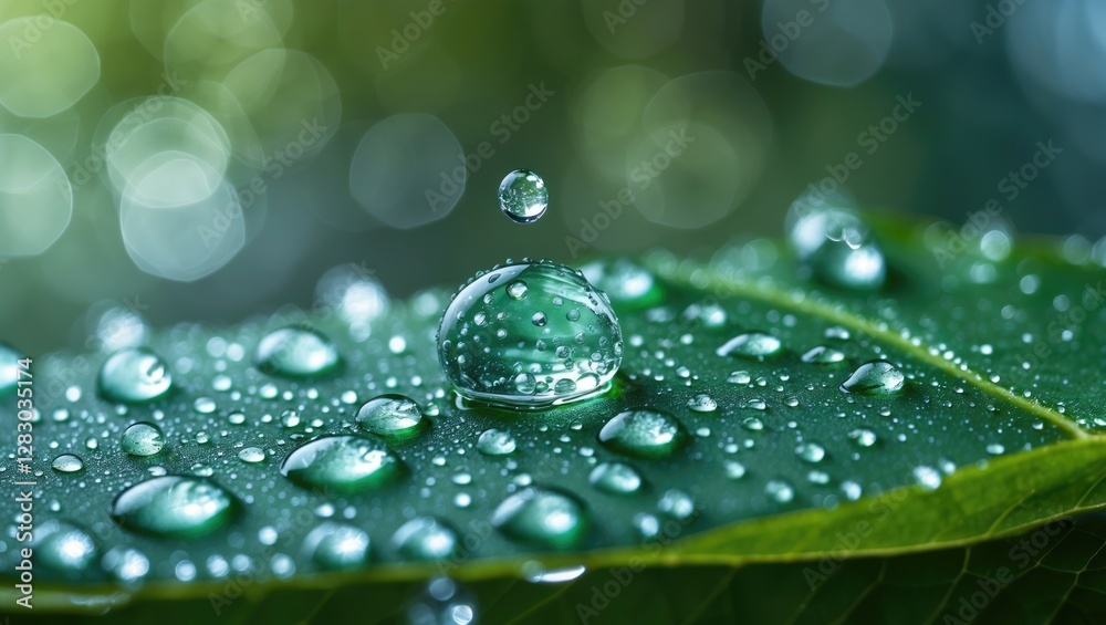 Close-up of water droplets on green leaf with blurred bokeh background reflecting light and natural freshness of the environment Close-up of water droplets on green leaf with blurred bokeh background reflecting light and natural freshness of the environment