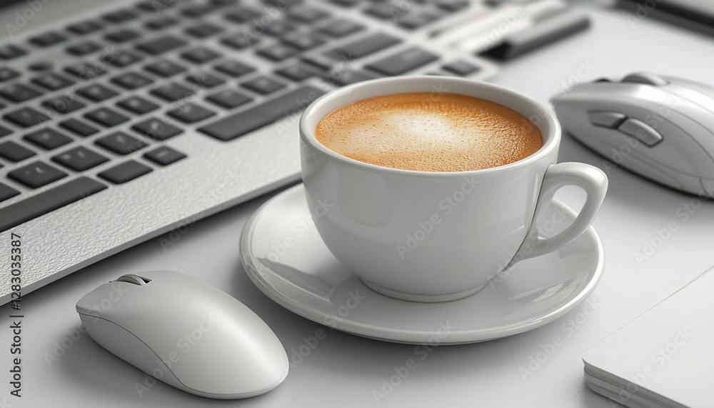 White Coffee Cup on Desk with Laptop and Mouse White Coffee Cup on Desk with Laptop and Mouse