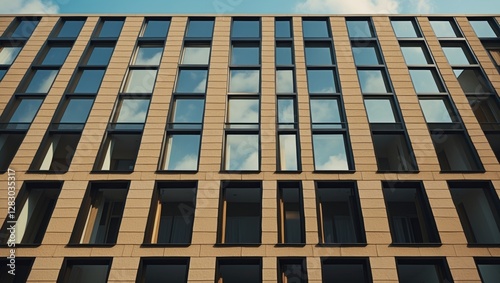 Wallpaper Mural Modern architectural facade featuring a stone building with numerous long, dark brown rectangular windows against a cloudy sky. Torontodigital.ca