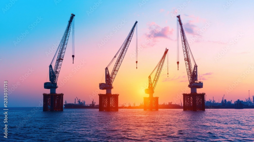 Cranes working the ocean for energy industrial concept. Silhouetted Industrial Cranes Hoisting at Vibrant Waterfront Sunset Cranes working the ocean for energy industrial concept. Silhouetted Industrial Cranes Hoisting at Vibrant Waterfront Sunset