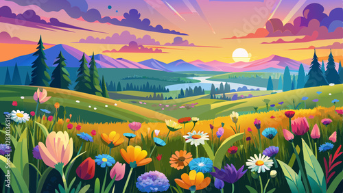Beautiful scenic colorful wild flower field meadow sunset evening sunrise morning summertime nature landscape panorama. Vibrant multicolored countryside rural steppe dawn wide panoramic banner