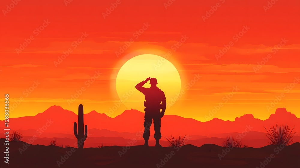 Silhouetted figures against vibrant sunset, a man saluting with mountains in background, theme of reflection and gratitude. Silhouetted figures against vibrant sunset, a man saluting with mountains in background, theme of reflection and gratitude.