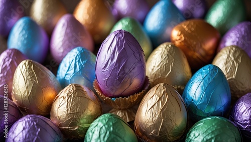 Colorful chocolate eggs in foil wrappers arranged in a decorative pattern on a table for Easter celebration and festive occasions.