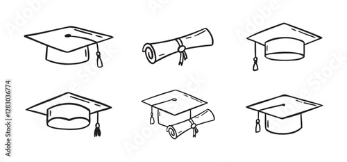 Graduation hat set. Hand drawn doodle Graduation hats sketch line. Education college student success diploma drawing