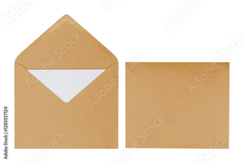 Brown envelope closed and open isolated on white background. Letter top view. Object with clipping path