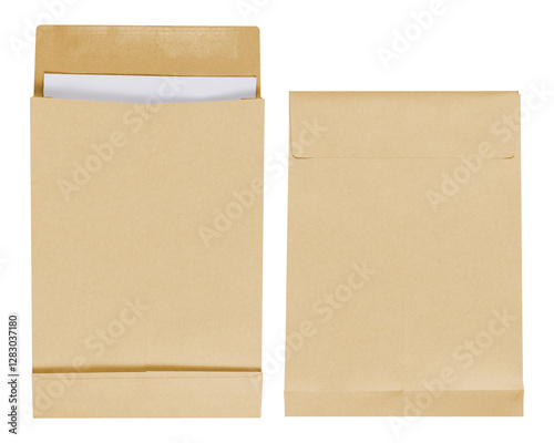 Brown envelope closed and open isolated on white background. Letter top view. Object with clipping path
