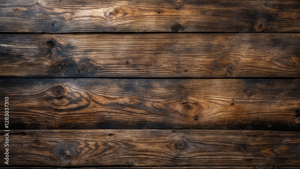 Fototapeta premium Textured wooden background with dark brown stained planks and visible grain patterns arranged horizontally