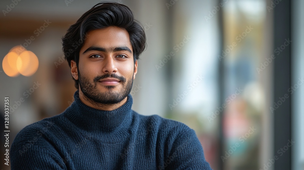 Fototapeta premium stylish indian man wearing dark blue sweater posing with confident and modern fashion look in trendy outfit featuring handsome face and relaxed casual expression