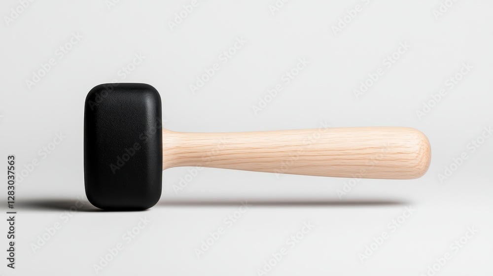 Rubber mallet with a wooden grip, black soft head, isolated macro shot on a clean white surface Rubber mallet with a wooden grip, black soft head, isolated macro shot on a clean white surface