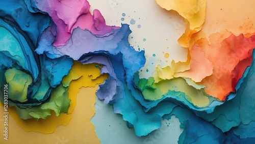 Colorful abstract paper texture with layered waves in shades of blue, green, yellow, pink and orange on soft background photo