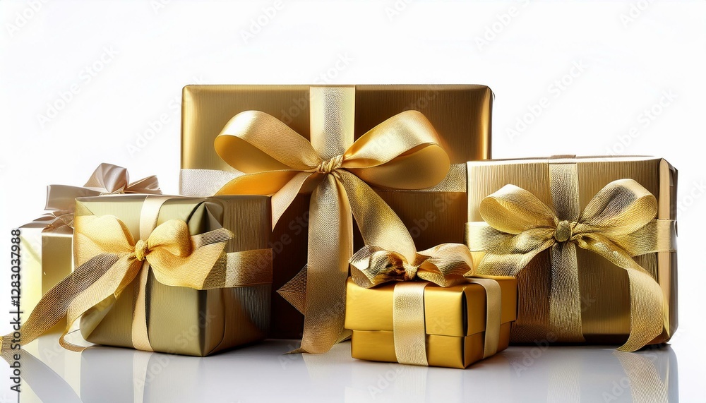 Fototapeta premium Gifts with gold ribbons isolated on white. Generated image